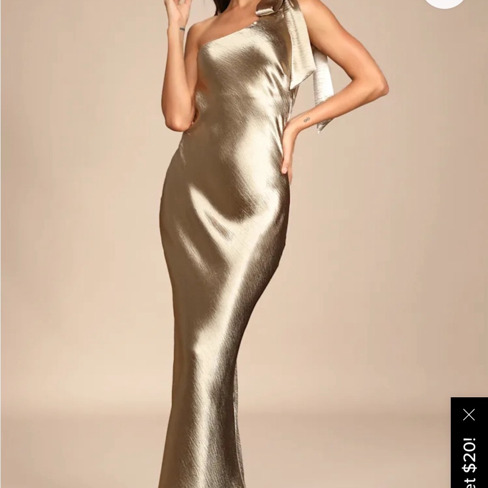 Lulus Gold Satin One-Shoulder Tie-Strap Maxi Dress